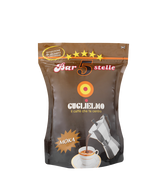Eine braune wiederverschließbare Aromaverpackung für den gemahlenen Mokka Kaffee Guglielmo Bar 5 Stelle. In der Mitte sieht man das Logo von Guglielmo mit dem orange,gelb, roten konzentrischen Kreis. Darunter ist eine Aluminium Mokkakanne abgebildet welche frisch gebrühten Kaffee in eine weiße Tasse eingießt. Darüber befindet sich der weiße Schiftzug mit rotem Rand Bar 5 Stelle mit 5 gelben Sternen darüber.