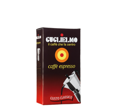 Eine Vakuumverpackung für den gemahlenen Mokka Kaffee Guglielmo Classico mit hellrot bis dunkelrotem Farbverlauf. Oben sieht man den weißen Schriftzug Guglielmo il caffè che fa centro, darunter das Logo mit dem orange, gelb, roten konzentrischen Kreis. In der Mitte steht caffè espresso. Darunter ist eine schräge Aluminium Mokkakanne abgebildet. Unten die Aufschrift Gusto Classico.