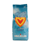 Eine hellblaue Aromaverpackung für den koffeinfreien Kaffee Guglielmo Dek in Bohnen. In der Mitte befindet sich ein Herz in den Farben orange, gelb und rot.