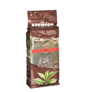 Eine vakuumverpackte Kaffeepackung für den Mokka Kaffee Kremoso Elite Gran Riserva. Die Verpackung ist in den Farben braun/gold/braun gehalten. Der Schriftzug Caffè Kremoso in roten Großbuchstaben befindet sich in der Mitte der Packung aufgedruckt. Darunter ist eine Kaffeepflanze mit grünen Blättern abgebildet.