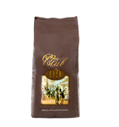 Eine dunkelbraune Aromaverpackung für den Premium Kaffee von Guglielmo Club 99 in Bohnen. In der Mitte befindet sich der geschwungene goldene Schriftzug Club, darunter ebenfalls in Gold 99. Darunter sieht man eine Szene aus einem Kaffeehaus von etwa 100 Jahren. Darauf sind Männer mit Zylinder Hüten zu sehen.