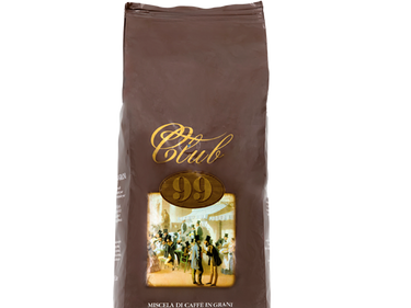 Eine dunkelbraune Aromaverpackung für den Premium Kaffee von Guglielmo Club 99 in Bohnen. In der Mitte befindet sich der geschwungene goldene Schriftzug Club, darunter ebenfalls in Gold 99. Darunter sieht man eine Szene aus einem Kaffeehaus von etwa 100 Jahren. Darauf sind Männer mit Zylinder Hüten zu sehen.