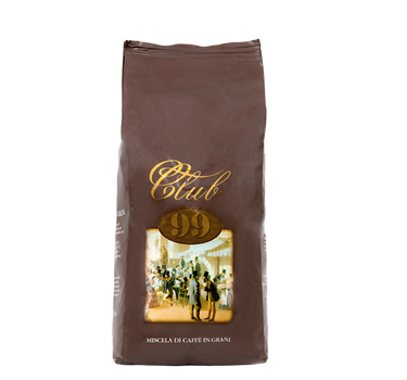 Eine dunkelbraune Aromaverpackung für den Premium Kaffee von Guglielmo Club 99 in Bohnen. In der Mitte befindet sich der geschwungene goldene Schriftzug Club, darunter ebenfalls in Gold 99. Darunter sieht man eine Szene aus einem Kaffeehaus von etwa 100 Jahren. Darauf sind Männer mit Zylinder Hüten zu sehen.