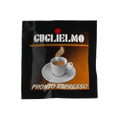 Eine schwarze Aromaverpackung für den Kaffee Guglielmo Pronto Espresso als E.S.E. Pad. In der Mitte befindet sich eine volle weiße Kaffeetasse mit aufsteigendem Dampf.