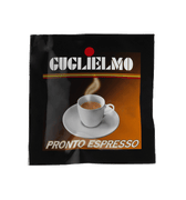 Eine schwarze Aromaverpackung für den Kaffee Guglielmo Pronto Espresso als E.S.E. Pad. In der Mitte befindet sich eine volle weiße Kaffeetasse mit aufsteigendem Dampf.
