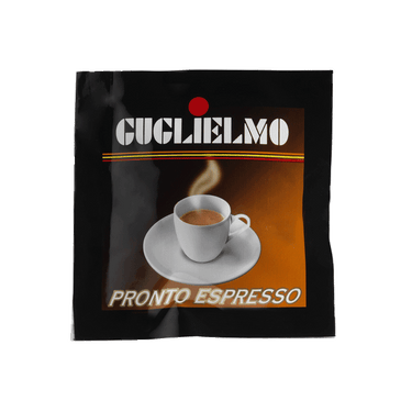 Eine schwarze Aromaverpackung für den Kaffee Guglielmo Pronto Espresso als E.S.E. Pad. In der Mitte befindet sich eine volle weiße Kaffeetasse mit aufsteigendem Dampf.