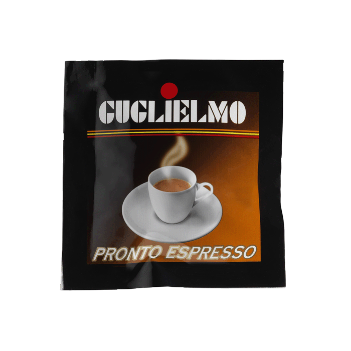 Eine schwarze Aromaverpackung für den Kaffee Guglielmo Pronto Espresso als E.S.E. Pad. In der Mitte befindet sich eine volle weiße Kaffeetasse mit aufsteigendem Dampf.