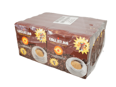 Eine Steige von 10 Stück brauner Vakuumverpackung für den gemahlenen Mokka Kaffee Guglielmo Caffetteria. Bei jeder Packung sieht man links oben  das Logo von Guglielmo mit dem orange, gelb, roten konzentrischen Kreis. Darunter ist eine kleine Aluminium Mokkakanne abgebildet. Darüber befindet sich der weiße Schriftzug Caffetteria. Rechts unten ist eine weiße Kaffeetasse zu sehen.