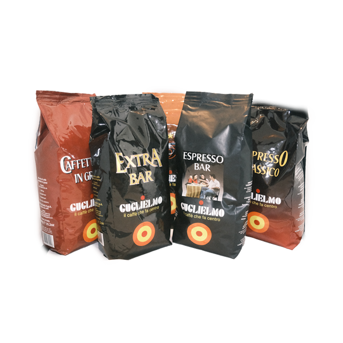 Ein Testpaket für 5 verschiedene Guglielmo Bohnenkaffees in der 1kg Packung. Von links nach rechts: Caffetteria, Extra Bar, Bar 5 Stelle, Espresso Bar, Espresso Classico.