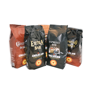 Ein Testpaket für 5 verschiedene Guglielmo Bohnenkaffees in der 1kg Packung. Von links nach rechts: Caffetteria, Extra Bar, Bar 5 Stelle, Espresso Bar, Espresso Classico.