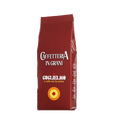 Eine braune Aromaverpackung für den Kaffee Guglielmo Caffetteria in Bohnen. Oben ist der große weiße Schriftzug Caffetteria in grani zu lesen, darunter Guglielmo il caffè che fa centro. Unten sieht man das Logo mit dem orange, gelb, roten konzentrischen Kreis.