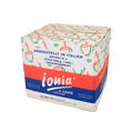 Ein Karton für 6x1kg Kaffeebohnen von Caffè Ionia. Die Box ist weiß, rot, blau mit dem Ionia Il Caffè Logo in der Mitte. Darüber kann man die blaue Aufschrift hergestellt in Italien erkennen. 