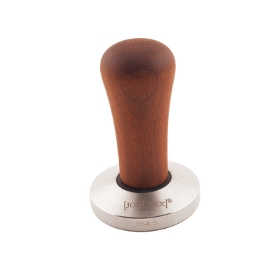 Ein Tamper zum Pressen von gemahlenem Kaffee in den Siebträger vom Hersteller Joe Frex. Der kurze oben abgerundete Griff ist aus Walnuss Holz ausgeführt, die Base aus Edelstahl mit 54,5mm Durchmesser.