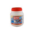 Eine Dose des Kaffeefettlösers Puly Caff 370g. Oben befindet sich die rote Verschlusskappe, darunter die Aufschrift puly Caff plus, darunter ist ein frisch gereinigter Siebträger neben einer Kaffeetasse zu sehen. Unten befindet sich der Schriftzug enjoy your coffee.