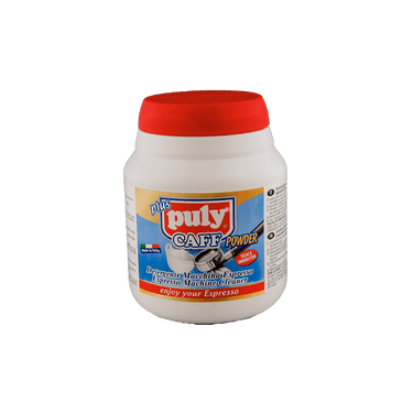 Eine Dose des Kaffeefettlösers Puly Caff 370g. Oben befindet sich die rote Verschlusskappe, darunter die Aufschrift puly Caff plus, darunter ist ein frisch gereinigter Siebträger neben einer Kaffeetasse zu sehen. Unten befindet sich der Schriftzug enjoy your coffee.