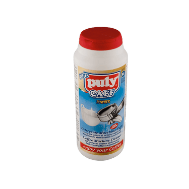 Eine Dose des Kaffeefettlösers Puly Caff 900g. Oben befindet sich die rote Verschlusskappe, darunter die Aufschrift puly Caff plus, darunter ist ein frisch gereinigter Siebträger neben einer Kaffeetasse zu sehen. Unten befindet sich der Schriftzug enjoy your coffee.