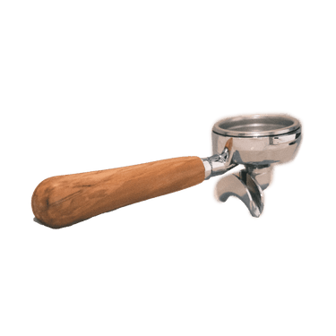 Ein Siebträger für eine Faema E-61 Brühgruppe aus verchromtem Messing mit Olivenholz Griff mit Doppelauslauf für 2 Tassen.