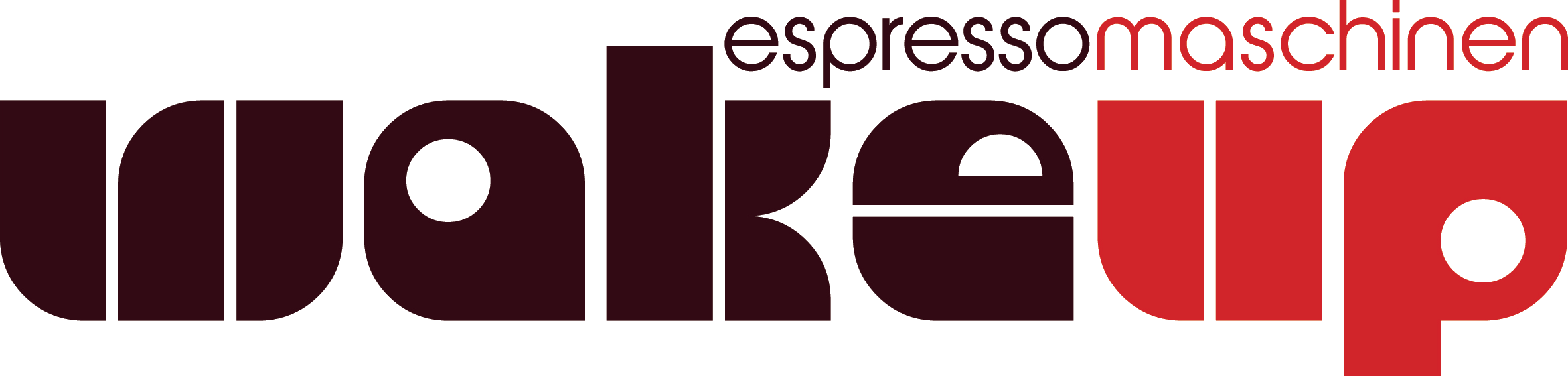 Zu sehen ist das „Wake up Espressomaschinen“ Logo auf transparentem Hintergrund.
Der Schriftzug „Wake ist in braunen Kleinbuchstaben, das „up“ in Rot gehalten. Darüber kann man in Braun „espresso“ und in Rot „maschinen“ lesen. Der Schriftzug hat eine 70-er Jahre Retro Optik und die Buchstaben „w, k, e , u“ erinnern an eine Kaffeebohne.