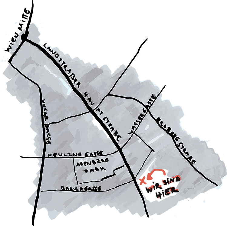Zu sehen ist ein handgezeichneter Stadtplan der Landstraßer Hauptstraße mit dem roten Hinweis wo unser Geschäft zu finden ist.