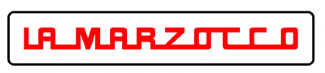 Zu sehen ist der rote Schriftzug „La Marzocco“, das Logo ist dünn schwarz eingerahmt. Der Hintergrund ist in Weiß gehalten.